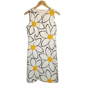Talbots Vintage Big Daisy Print Sleeveless Sheath Dress White Yellow Black Sz 4